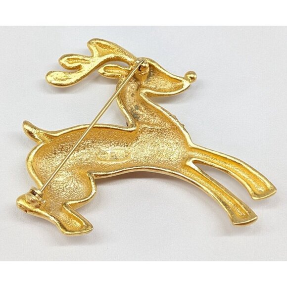 Vintage FLP Matte Gold Tone Glass Rhinestone Reindeer Christmas Brooch Pin - Picture 5 of 6